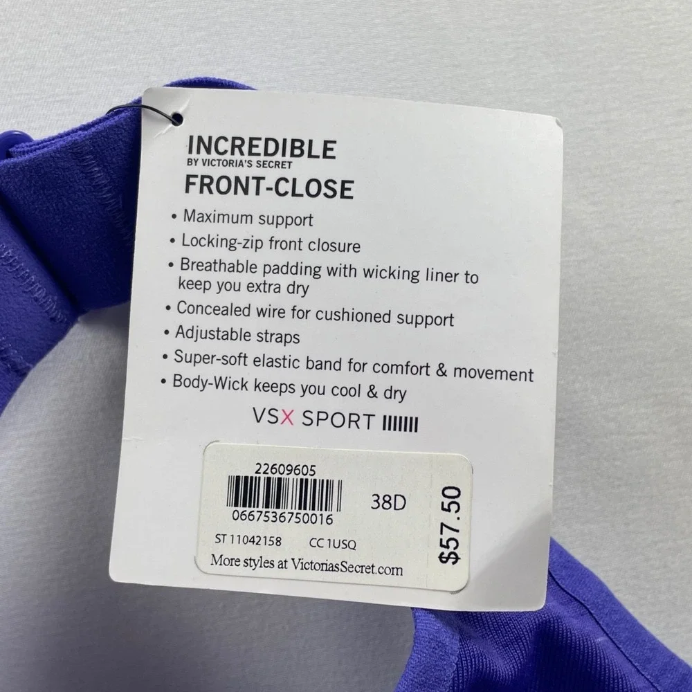 Victoria's Secret VSX Sport Incredible Front-Close Sports Bra Purple 38D NEW